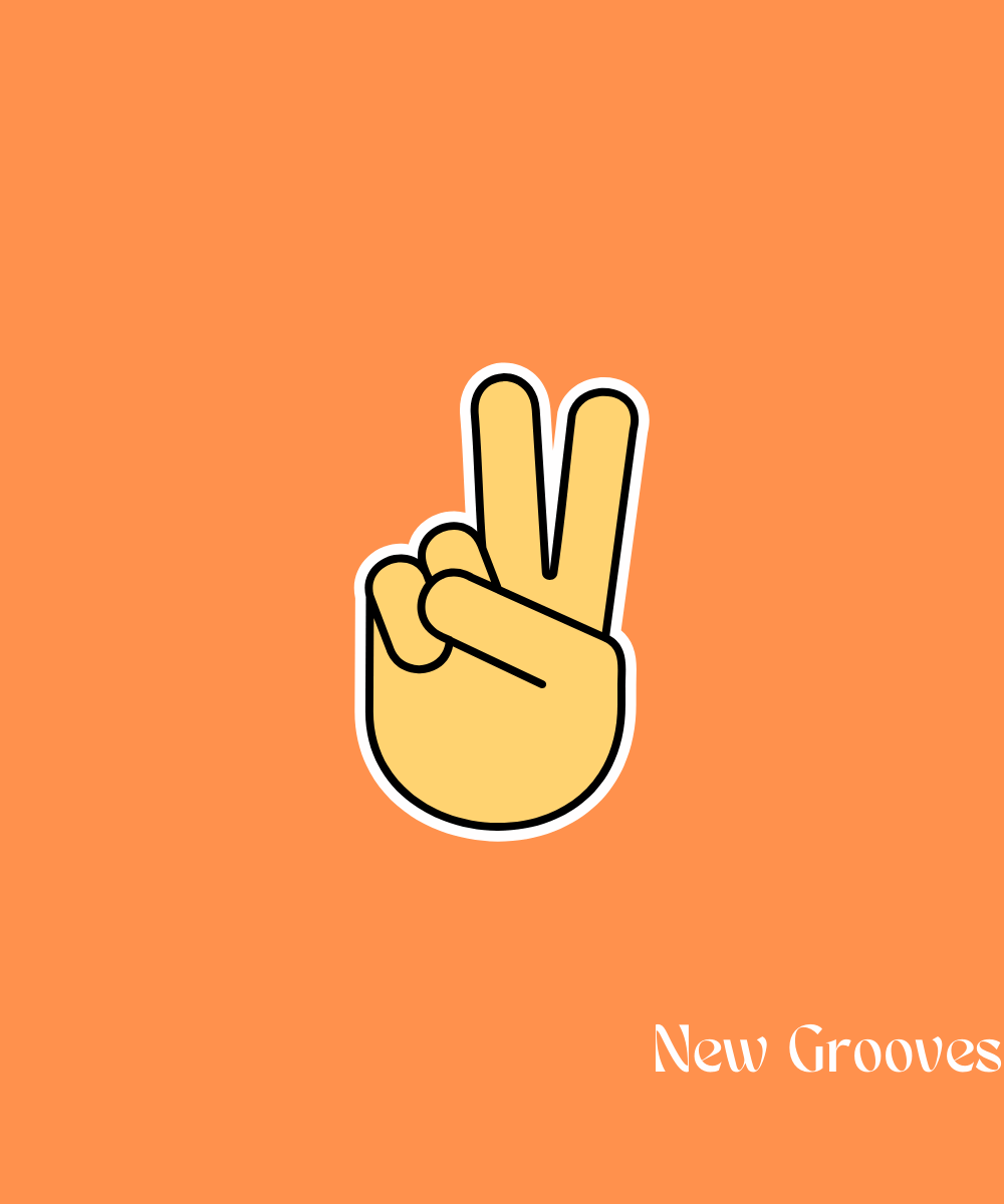 Orange background with yellow hand making a peace sign outlined in black and white above New Grooves lettering.