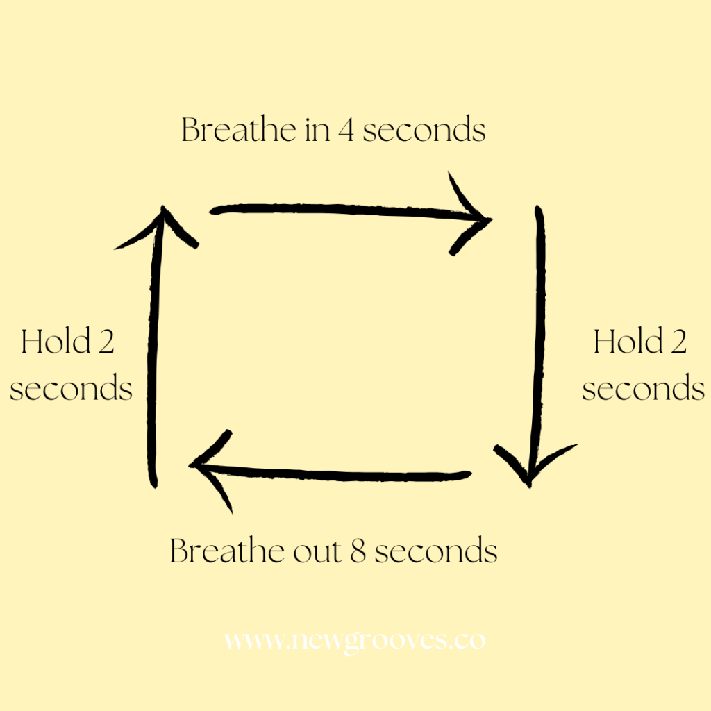 Square shape made with black arrows and black text describing a method of breathing. White text on bottom with link to website.